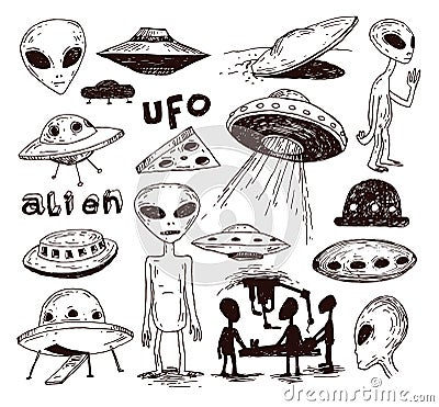 Set of alien and ufo icon, hand drawn vector illustration Vector Illustration