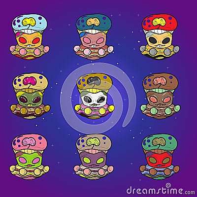 nine alien cartoon character illustrations riding a spaceship in a set, in space background Cartoon Illustration