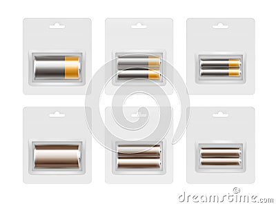 Set of Alkaline AA, AAA, C Batteries in Blister Vector Illustration