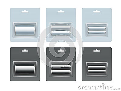 Set of Alkaline AA, AAA, C Batteries in Blister Vector Illustration