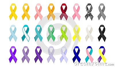 Set of all cancer ribbons, Cancer awareness ribbons. Flat vector illustration. Vector Illustration