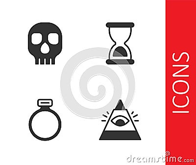 Set All-seeing eye of God, Skull, Magic stone ring and Old hourglass icon. Vector Vector Illustration