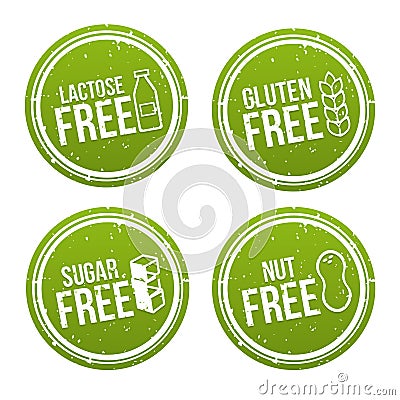 Set of Allergen free Badges. Lactose free, Gluten free, Sugar free, Nut free. Vector hand drawn Signs. Can be used for packaging D Vector Illustration