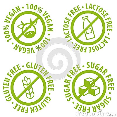 Set of Allergen free Badges. Lactose free, Gluten free, Sugar free, 100% Vegan. Vector hand drawn Signs. Can be used for packaging Vector Illustration