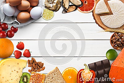 Set of allergic food isolated on white wood Stock Photo