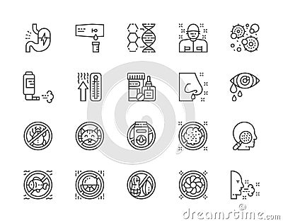 Set of Allergy and Allergens Line Icons. Patient, Thermometer, Microbes and more Vector Illustration