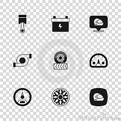 Set Alloy wheel for car, Speedometer, Racing helmet, Car tire, Engine piston, battery and Automotive turbocharger icon Vector Illustration
