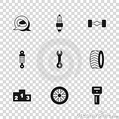 Set Alloy wheel for car, Car tire, key with remote, Wrench spanner, Chassis, Racing helmet, spark plug and Shock Vector Illustration