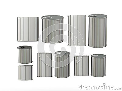 Set of aluminum tin cans in various sizes, clipping path includ Stock Photo