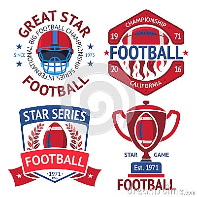 Set of american football rugby labels with ball, burning , helmet, winner bowl. Vector Vector Illustration