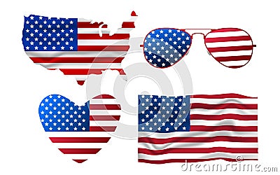 Set of American Icon. Sunglasses, Flag, Heart, Map. Happy 4 th July and Independence Day. Cartoon Vector illustration Vector Illustration