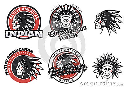 Set of american indian round logo. Vector Illustration