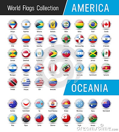 Set of American and Oceanian flags - Vector round icons Stock Photo