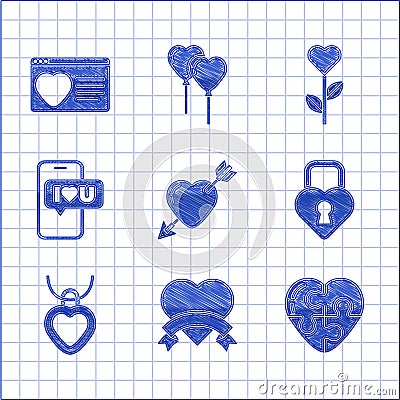 Set Amour with heart and arrow, Heart, Castle in the shape of, Necklace shaped, Mobile, flower and Dating app online Vector Illustration