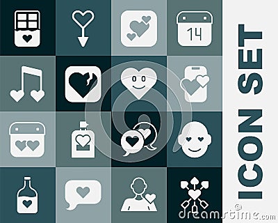 Set Amour with heart and arrow, Romantic man, Dating app online mobile, Heart, Broken or divorce, Music note, tone Vector Illustration