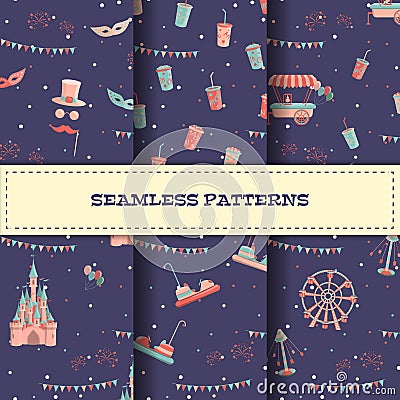 Set of amusement park seamless patterns with rides Vector Illustration