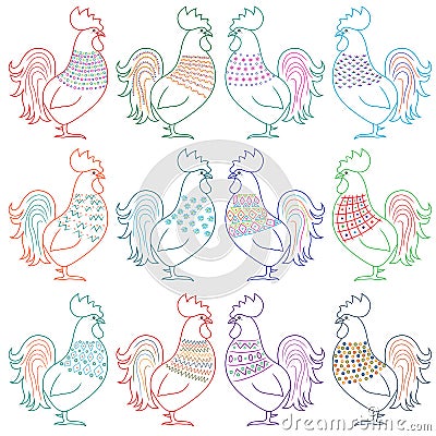 Set of amusing cartoon roosters Vector Illustration