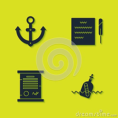 Set Anchor, Bottle with message in water, Decree, parchment, scroll and Feather pen and icon. Vector Vector Illustration