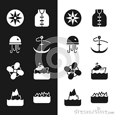Set Anchor, Jellyfish, Wind rose, Life jacket, Boat propeller, Cruise ship, Sharp stone reefs and Iceberg icon. Vector Vector Illustration