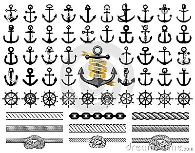 Set of anchors, rudders icons, and ropes. Vector illustration. Vector Illustration