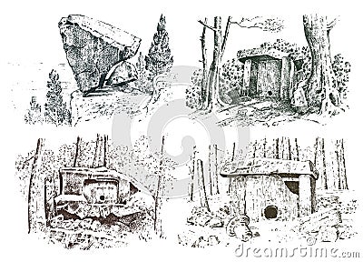 Set ancient cave. prehistoric house of wood or stone rock with the remains of a man. forest landscape. habitat of Vector Illustration