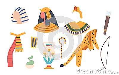 Set of Ancient Egyptian Items Pharaoh Wig and Staff, Golden Jewelry, Female Head with Gold Crown, Leopard Skin Vector Illustration