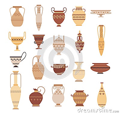 Set of ancient greek pottery isolated on white background - collection of clay pots, vases and amphoras. Flat vector Vector Illustration