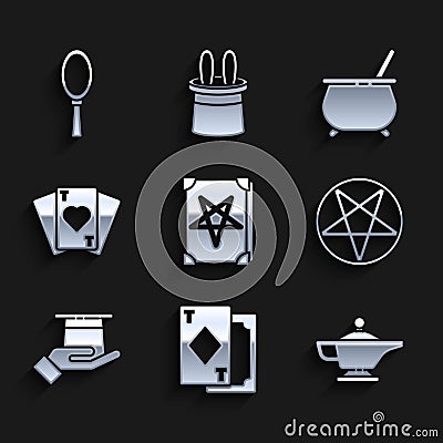 Set Ancient magic book, Playing cards, Magic lamp or Aladdin, Pentagram circle, Magician hat hand, Witch cauldron and Stock Photo