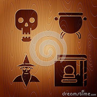 Set Ancient magic book, Skull, Wizard warlock and Witch cauldron on wooden background. Vector Vector Illustration