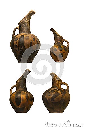 Set of 4 ancient vessels from the Neolithic period from Crete, Greece Stock Photo