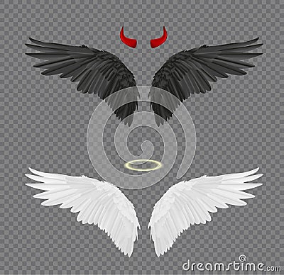 Set of angel and devil realistic wings, horns and halo isolated Vector Illustration