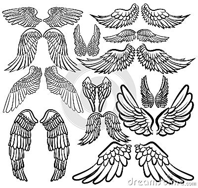 Set of angel wings. Wings collection with feathers. Black white vector illustration. Tattoo. Vector Illustration