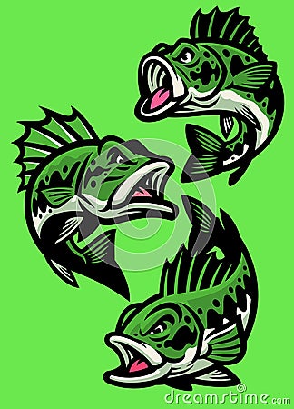 Set of angry cartoon largemouth bass fish Vector Illustration