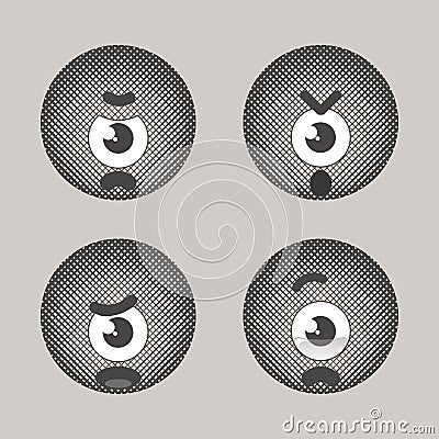 Set with angry & sad & crying one-eyed faces - emojis drawn with dark warm grey and white colors on the ligth warm grey Vector Illustration