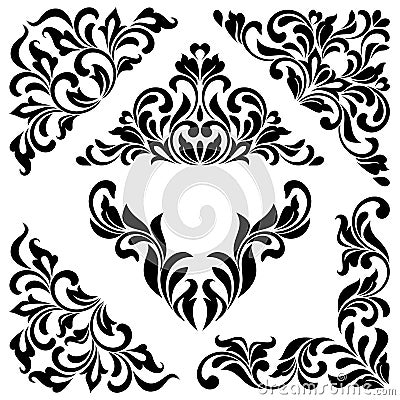 A set of angular ornaments. Ideal for stencil. Ornate tracery of swirls and leaves Vector Illustration