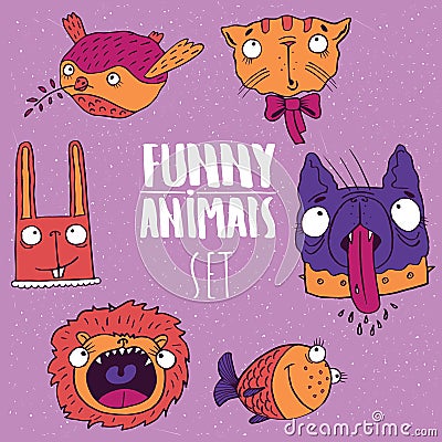 Set of animal emblems in handmade cartoon style Vector Illustration