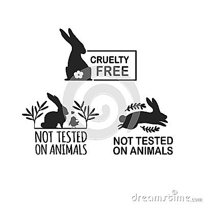 Set animal logo cruelty free. Sign with silhouette rabbit and flower and nature leaf. Design stapm for product not Vector Illustration