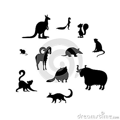 Set of animal s silhouettes. Kangaroo, xerus, squirrel, vole, urial, armadillo, macaque, lemur, raccoon, yak, numbat Vector Illustration