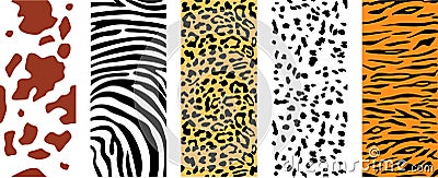 Set of animal skin textures. Vertical vector pattern. Dalmatian, leopard, cow, tiger and zebra pattern Stock Photo