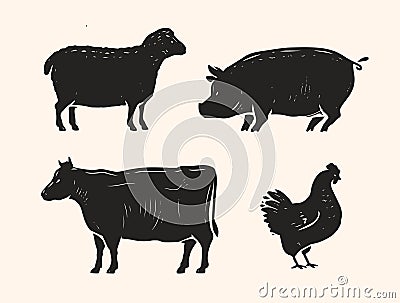 Set of animals for the butcher shop. Cow, pig, chicken and lamb symbol or icon. Vector illustration Vector Illustration