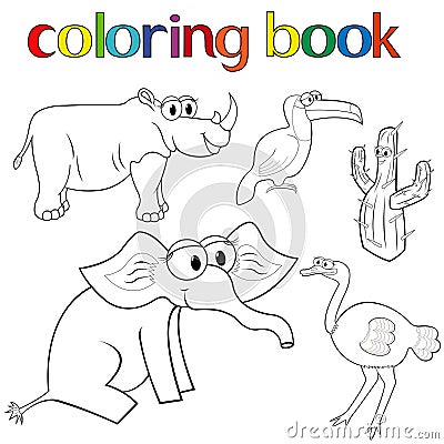 Set of animals and cactus for coloring book Vector Illustration