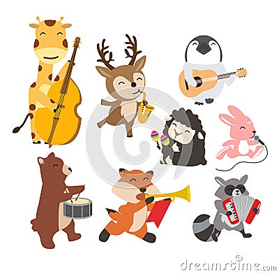 Set of animals cheerful playing music Vector Illustration