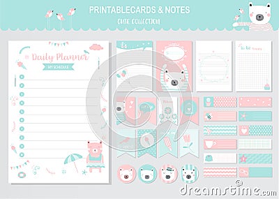 Set of animals and cute cards,bears,printable,summer tags,cards,templates,Notes, Stickers, Labels,Scrap booking, Congratula Vector Illustration