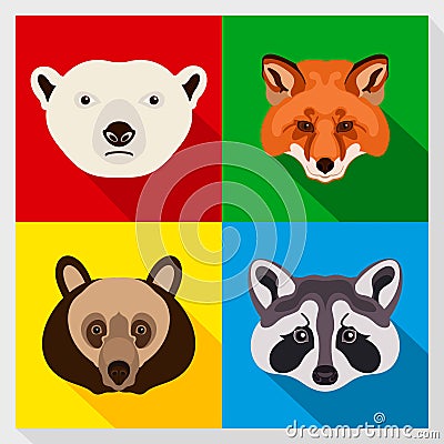 Set of animals with Flat Design. Symmetrical portraits of animals. Vector Illustration. Polar bear, raccoon, red fox, brown bear. Vector Illustration