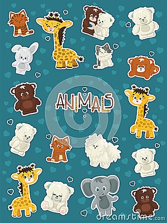 Set of Animals giraffe, elephant, rabbit, bear, grizzly, polar bear, cats, dogs, elephant stickers with white border Vector Illustration