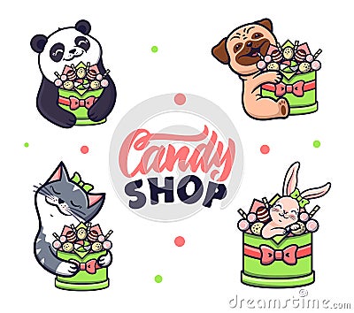 Set of animals hugging a box of candy. Good for sweets advertising Vector Illustration