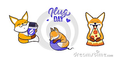 The set of animals hugging food s is good for hug day, stickers. The logo little fox Vector Illustration