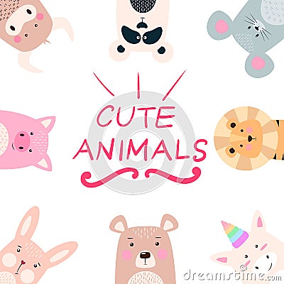 Set animals - panda, rhino, lion, bear, rabbit, unicorn, pig, mouse, cow. Vector Illustration