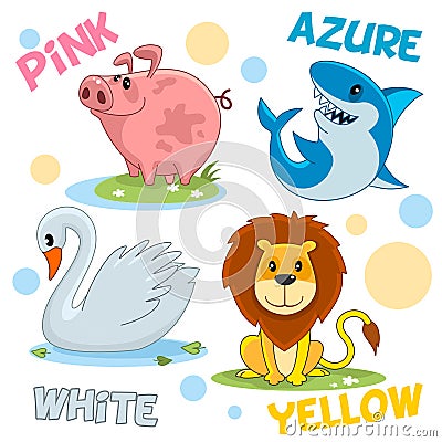 Set of animals pink, white, yellow and azure. Vector Illustration