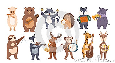 Set Of Animals Play Music. Cute Sheep, Bear, Raccoon And Hedgehog, Badger, Hippopotamus, Sloth And Deer Illustration Vector Illustration